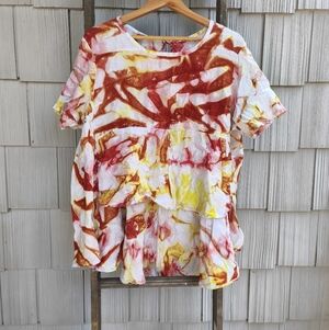 Yvonne Exclusive 100% Linen Tie Dye High Low Babydoll Tunic Top OS Red Yellow